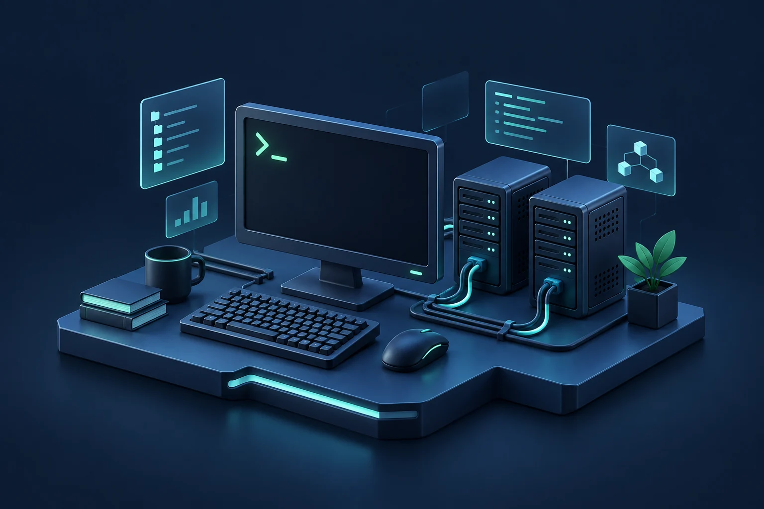 ターミナルとサーバーを備えた Linux 学習ラボのイメージ